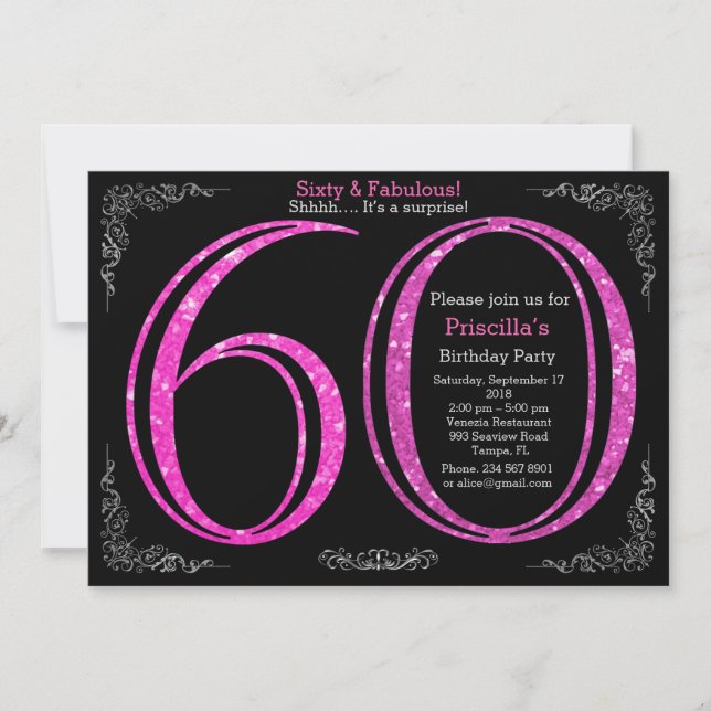 60th, Birthday party, Sixty, Gatsby, black silver Invitation (Front)