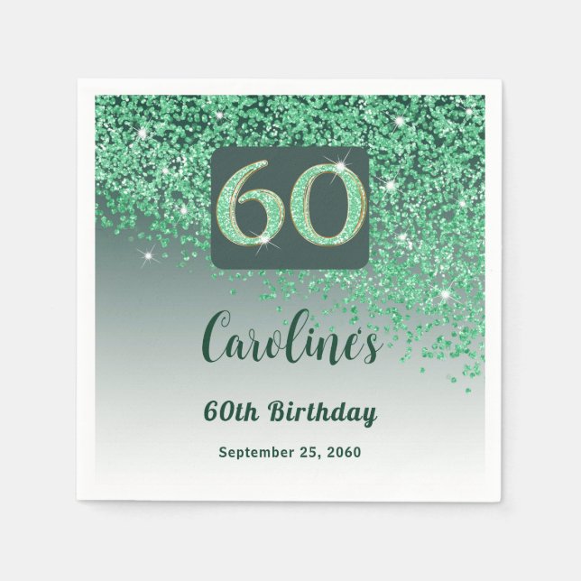 60th Birthday Party Sparkling Green Glitter Napkin (Front)