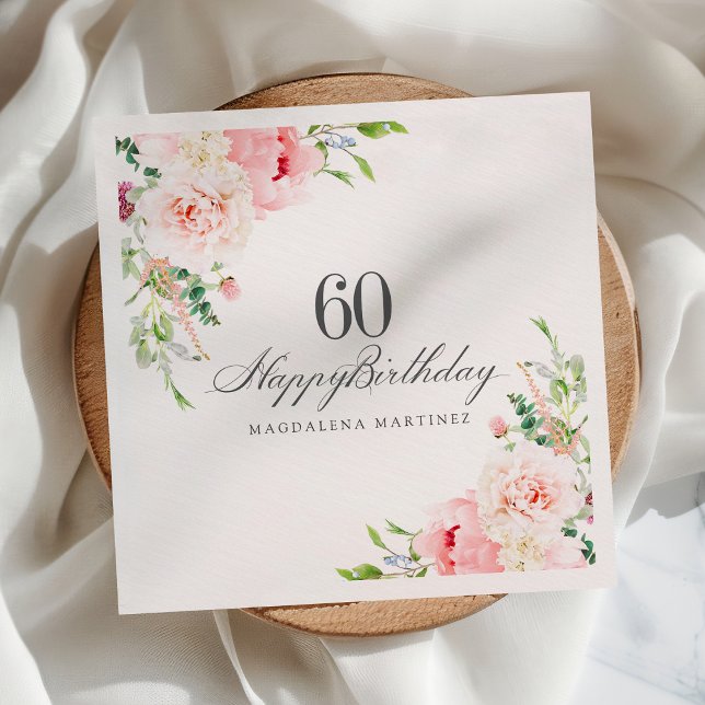 60th Birthday Party Supplies Pink Floral Custom Napkin (Creator Uploaded)