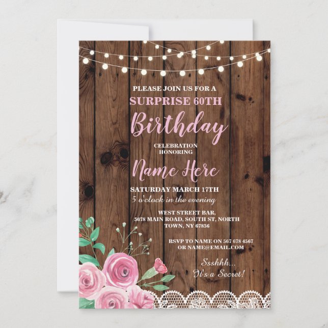 60th Birthday Party Surprise Floral Pink Invite (Front)