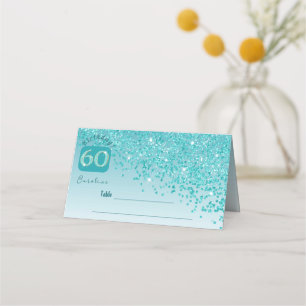 60th Birthday Party Teal Blue Glitter Place Card