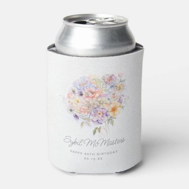 60th Birthday Party Watercolor Floral Custom Can Cooler (Can Front)