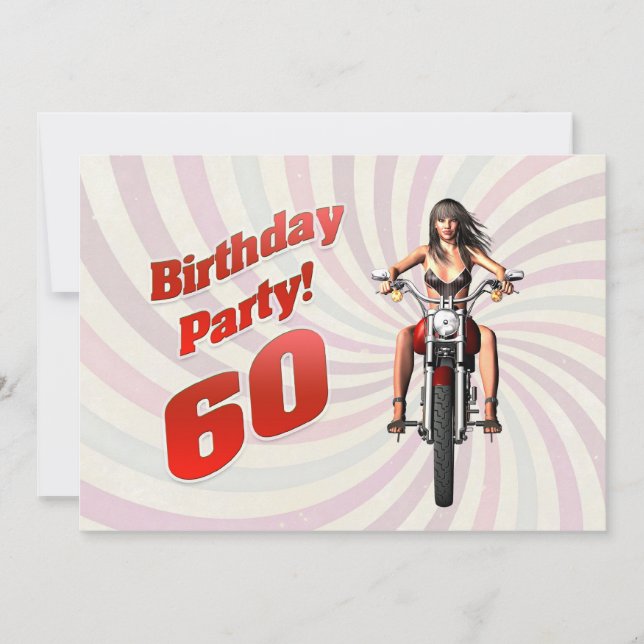 60th birthday party with a girl on a motorbike invitation (Front)
