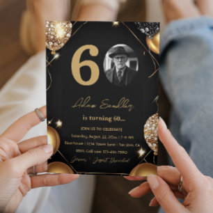 60th birthday party with balloons and glitter invitation