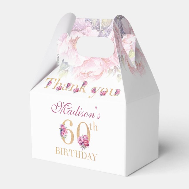60th Birthday Peonies Pink Gold Glitter Custom Favor Box (Front Side)