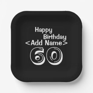 60th Birthday Personalized Black Paper Plates