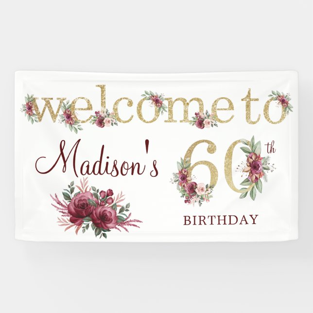 60th Birthday Personalized Burgundy Gold Banner (Horizontal)