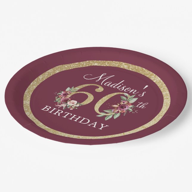 60th Birthday Personalized Burgundy Gold Paper Plate (Angled)