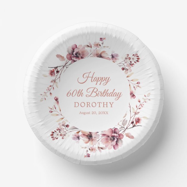 60th Birthday Personalized Burgundy Pink Floral Paper Plate (Front)
