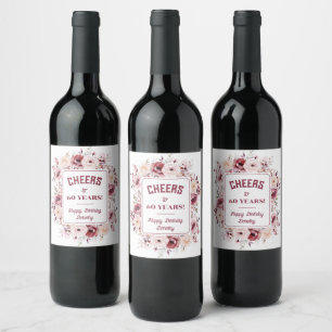 60th Birthday Personalized Burgundy Pink Floral Wine Label