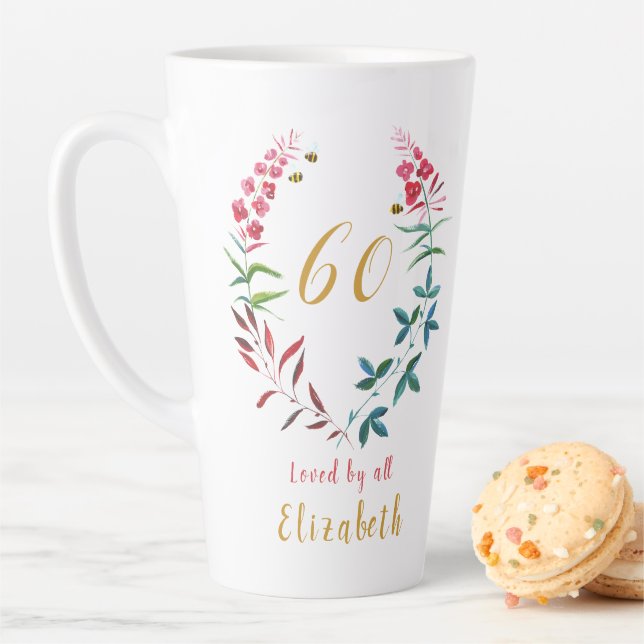60th Birthday Personalized Girly Floral Feminine C Latte Mug (In Situ)