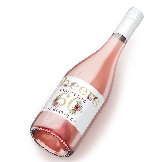 60th Birthday Personalized Gold Floral Sparkling Wine Label (Creator Uploaded)