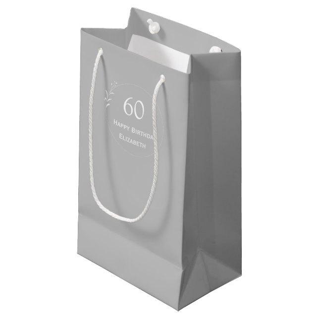 60th Birthday Personalized Grey Small Gift Bag (Front Angled)