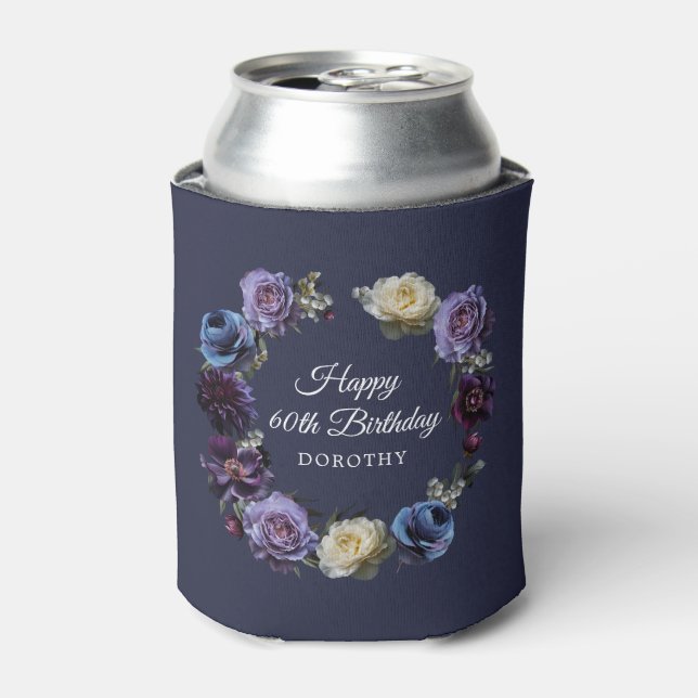 60th Birthday Personalized Moody Purple Flower Can Can Cooler (Can Front)