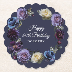 60th Birthday Personalized Moody Purple Flower  Paper Coaster