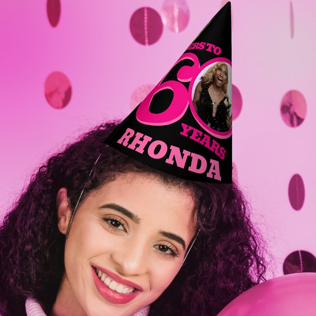 60th birthday personalized photo pink black party hat (Creator Uploaded)