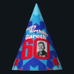 60th birthday personalized photo star name hat<br><div class="desc">Bright star pattern add your own photo and name party hat. Ideal for a special boys 60th birthday party celebration. Colourful red and blue design. Background colour can also be changed for your own choice currently light blue. Original art and design by Sarah Trett. www.sarahtrett.com for www.mylittleeden.com</div>