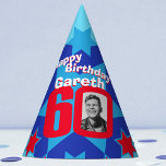 60th birthday personalized photo star name hat<br><div class="desc">Bright star pattern add your own photo and name party hat. Ideal for a special boys 60th birthday party celebration. Colourful red and blue design. Background colour can also be changed for your own choice currently light blue. Original art and design by Sarah Trett. www.sarahtrett.com for www.mylittleeden.com</div>