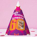 60th birthday personalized photo star name hat<br><div class="desc">Bright star pattern add your own photo and name party hat. Ideal for a special ladies 60th birthday party celebration. Colourful pink,  orange and white design. Background colour can also be changed for your own choice currently white. Original art and design by Sarah Trett. www.sarahtrett.com for www.mylittleeden.com</div>