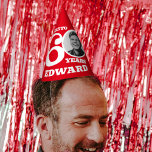 60th birthday personalized photo white red party hat<br><div class="desc">Bright add your own photo and name party hat. Ideal for a special boys 60th birthday party celebration. Colourful red white design. Background colour can also be changed for your own choice currently red. Original graphic art and design by Sarah Trett for www.mylittleeden.com</div>