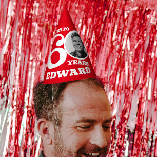 60th birthday personalized photo white red party hat