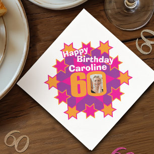 60th birthday photo and name pink star napkins