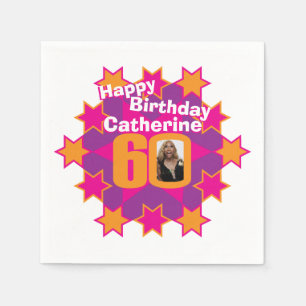 60th birthday photo and name pink star napkins