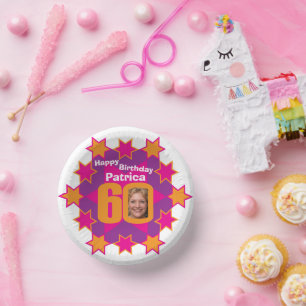 60th birthday photo and name pink star  paper plate