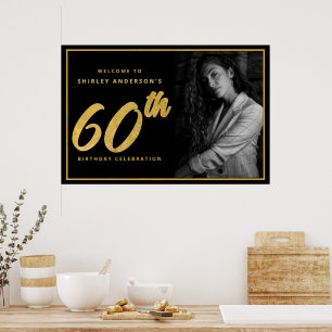 60th Birthday Photo Black Faux Gold Leaf Elegant  Poster