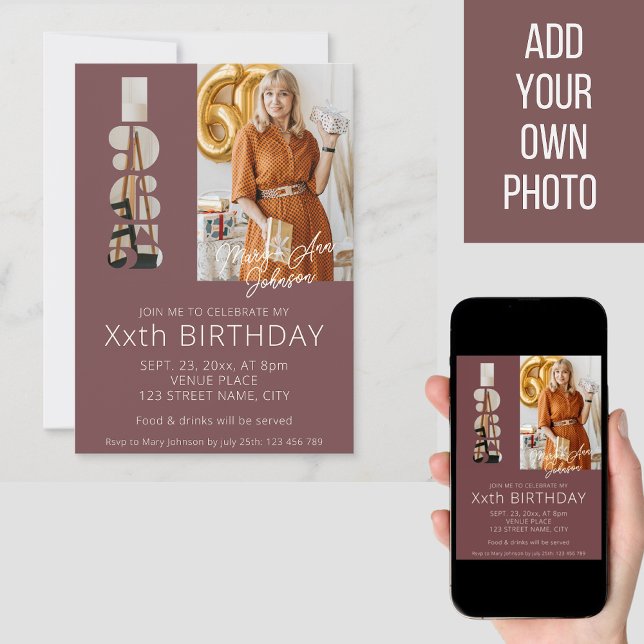 60th birthday photo born in 1965 burgundy red invitation (Creator Uploaded)