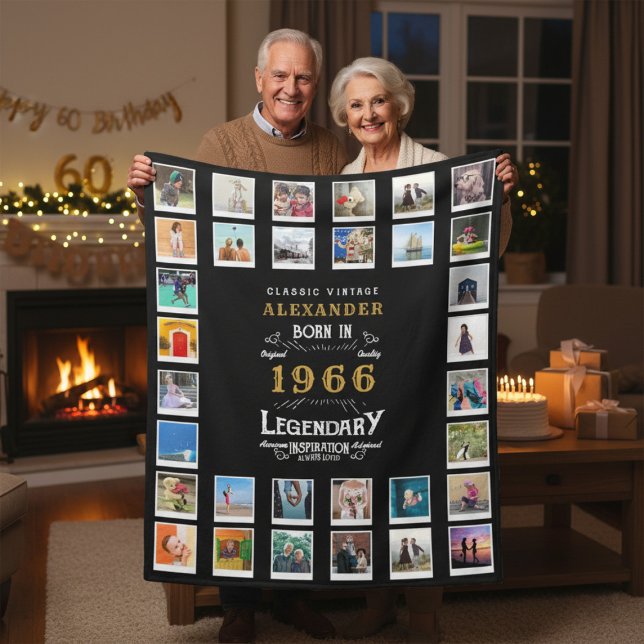 60th Birthday Photo Collage Father Grandfather Fleece Blanket (1996 fleece blanket held by an elderly couple in a room.)