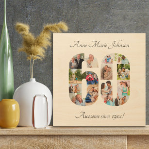 60th Birthday Photo Collage in Number 60 Modern Wood Wall Art