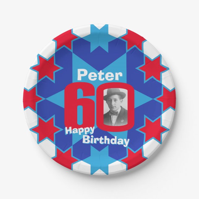 60th birthday photo name blue star paper plate (Front)