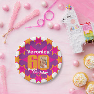 60th birthday photo name pink star paper plate