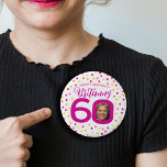 60th birthday photo pink golden yellow confetti 1 inch round button<br><div class="desc">Bright colourful confetti random dots birthday 60th surprise party button. In deep pink, red, coral, golden yellow and yellow on white. Add your own birthday girl's photo in the centre of the 0 in 60 and customize with your own sixtieth birthday girls name. Other matching items and milestone birthday years...</div>