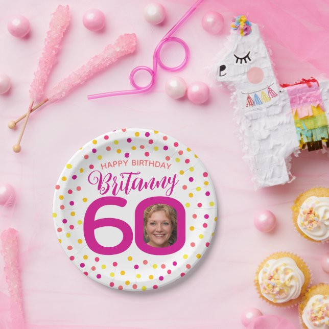 60th birthday photo pink golden yellow confetti  paper plate (Party)