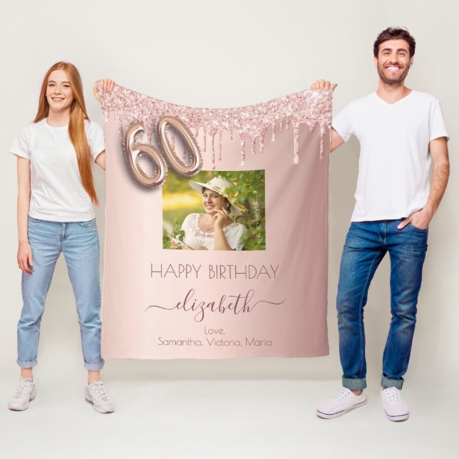 60th birthday photo rose gold pink friends fleece blanket (In Situ)