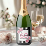 60th birthday pink black white stripes flowers sparkling wine label<br><div class="desc">A label for an elegant 60th birthday party. Classic slim black and white vertical stripes as background. With girly and feminine pink roses as decoration. A frame on front with template for age 60, name and date. Age number in pink, name and date in black. The name is written with...</div>