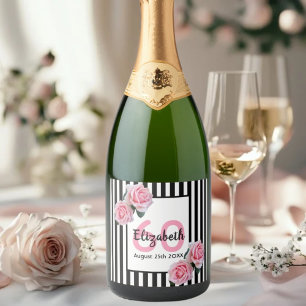 60th birthday pink black white stripes flowers sparkling wine label