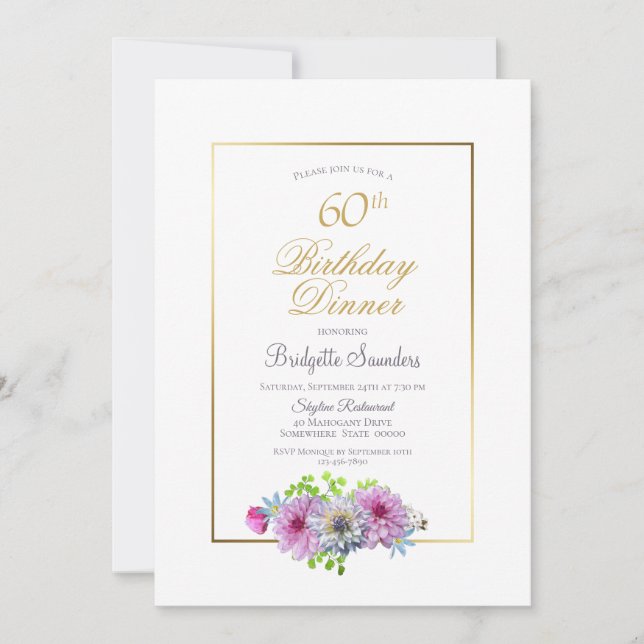 60th Birthday Pink Blue Floral Gold Border Dinner Invitation (Front)