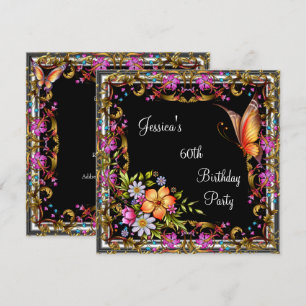 60th Birthday Pink Floral Butterfly Gold Black 3 Invitation