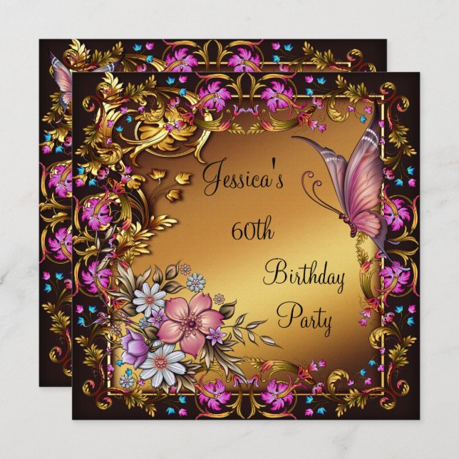 60th Birthday Pink Floral Butterfly Gold Black Invitation (Front/Back)