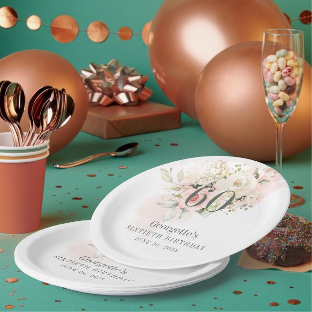 60th Birthday Pink Floral Greenery Blush Paper Plate (Multi)