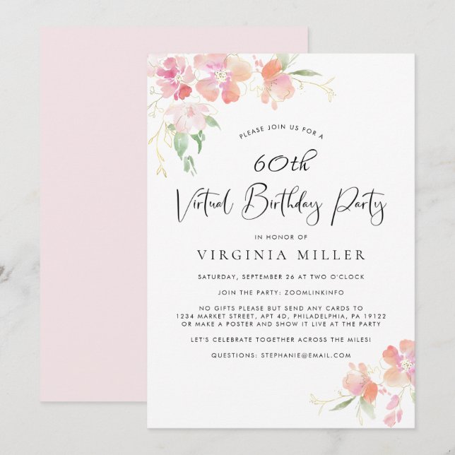 60th Birthday Pink Floral Watercolor Virtual Party Invitation (Front/Back)