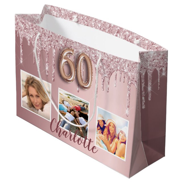 60th birthday pink glitter drips photo name large gift bag (Back Angled)