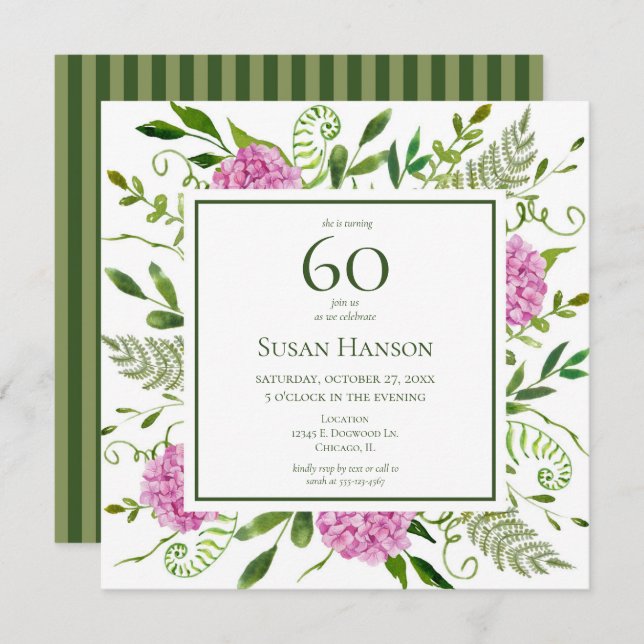 60th Birthday Pink Hydrangeas Invitation (Front/Back)