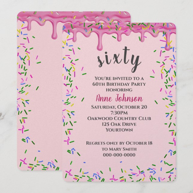 60th Birthday Pink Icing And Sprinkles Invitation (Front/Back)
