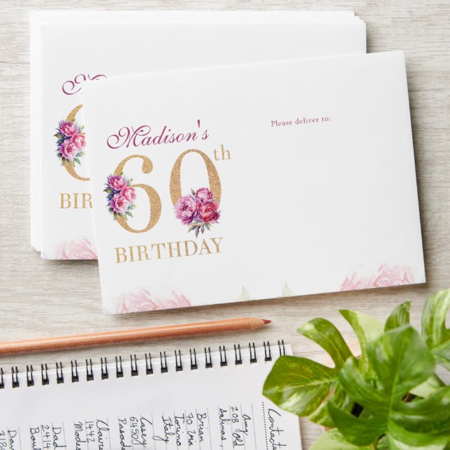 60th Birthday Pink Peonies Gold Glitter  Envelope (Stacked)