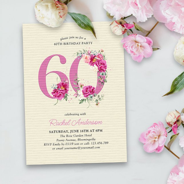 60th Birthday Pink Peony Floral Number 60 Invitation (60th Birthday Invitation with pink floral number 60 - elegant vintage design with roses and peonies)