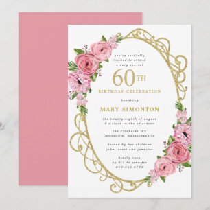 60th Birthday Pink Rose Floral Gold Invitation